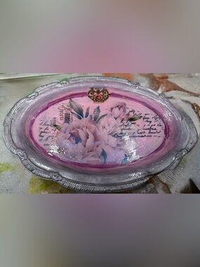 Pink Floral Oval Decorative Tray with Silver Border